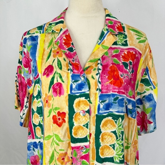 Vintage Hilo Hattie 2-Pc Top Blouse Short Womens Medium Vibrant Floral Hawaiian - Picture 7 of 16